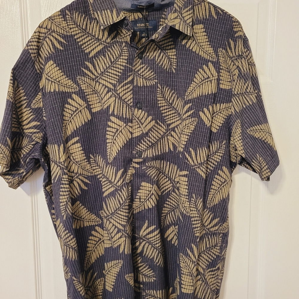 Roark summer button down floral green blue shirt l